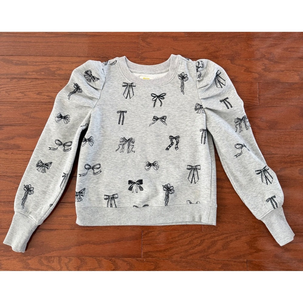 Maeve by Anthropologie Bow Print Embroidered Sweatshirt Puff Sleeve Gray Sz XS
